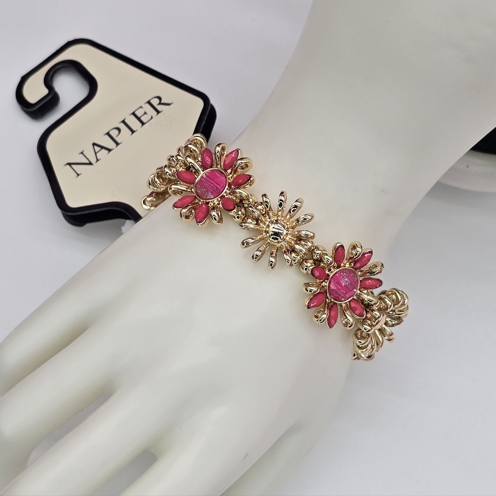 Napier Gold Bracelet with Stretch Pink Floral Accents